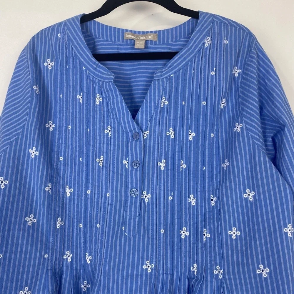 Woman Within Tunic Women 14/16 M Blue 3/4‎ Sleeve Striped Eyelet Cotton Babydoll